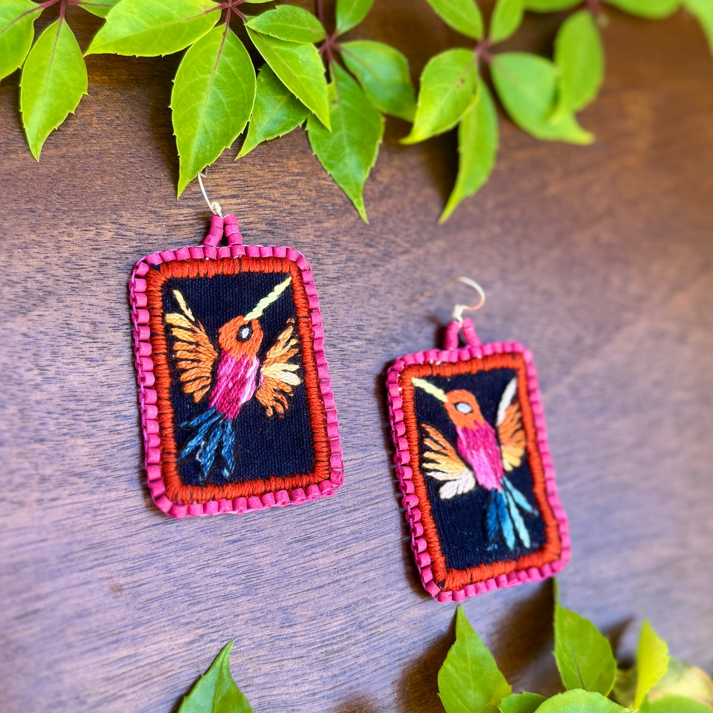 Artisan Guatemalan Embroidered Hummingbird Colibri Bird Earrings with Ceramic Clay Beads and Silver Hooks, hot pink