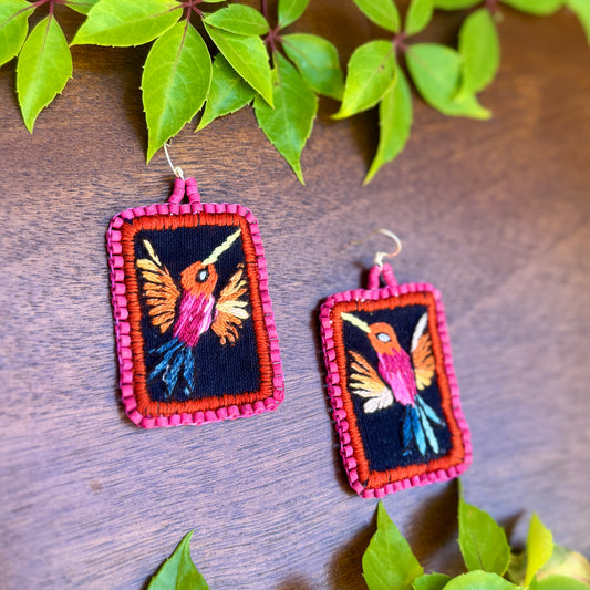 Artisan Guatemalan Embroidered Hummingbird Colibri Bird Earrings with Ceramic Clay Beads and Silver Hooks, hot pink