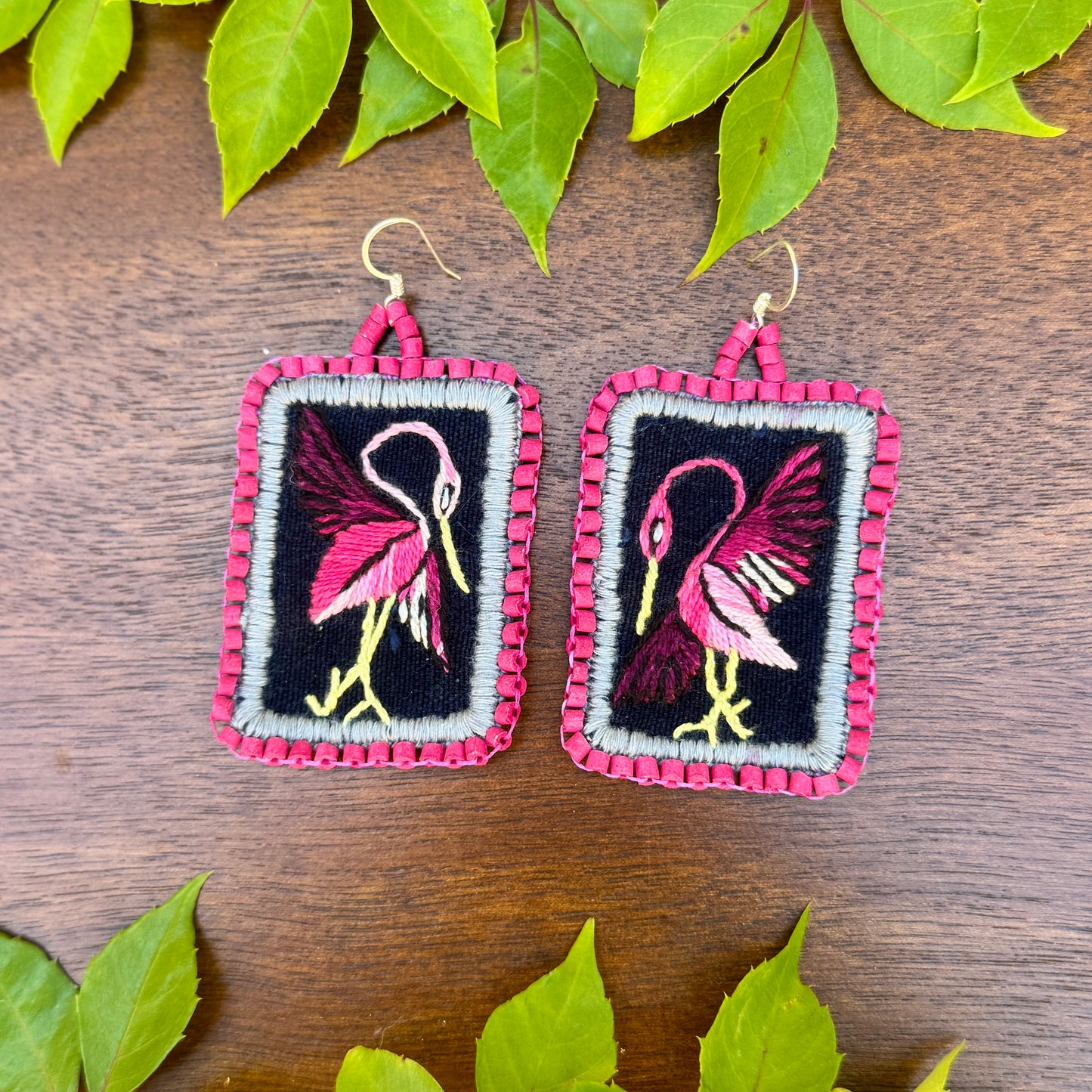 Artisan Guatemalan Embroidered Flamingo Bird Earrings with Ceramic Clay Beads and Silver Hooks, hot pink