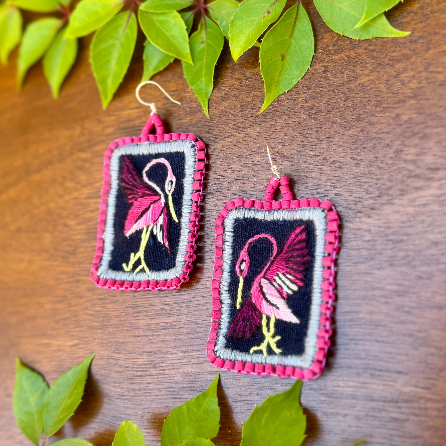 Artisan Guatemalan Embroidered Flamingo Bird Earrings with Ceramic Clay Beads and Silver Hooks, hot pink