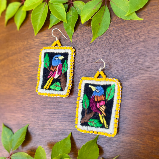 Artisan Guatemalan Embroidered Quetzal Inspired Bird Earrings with Ceramic Clay Beads and Silver Hooks, yellow