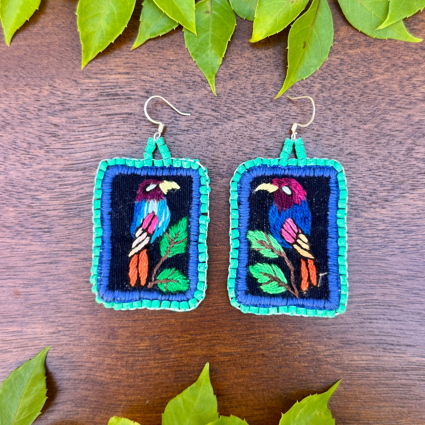 Artisan Guatemalan Embroidered Motmot Bird Earrings with Ceramic Clay Beads and Silver Hooks, turquoise