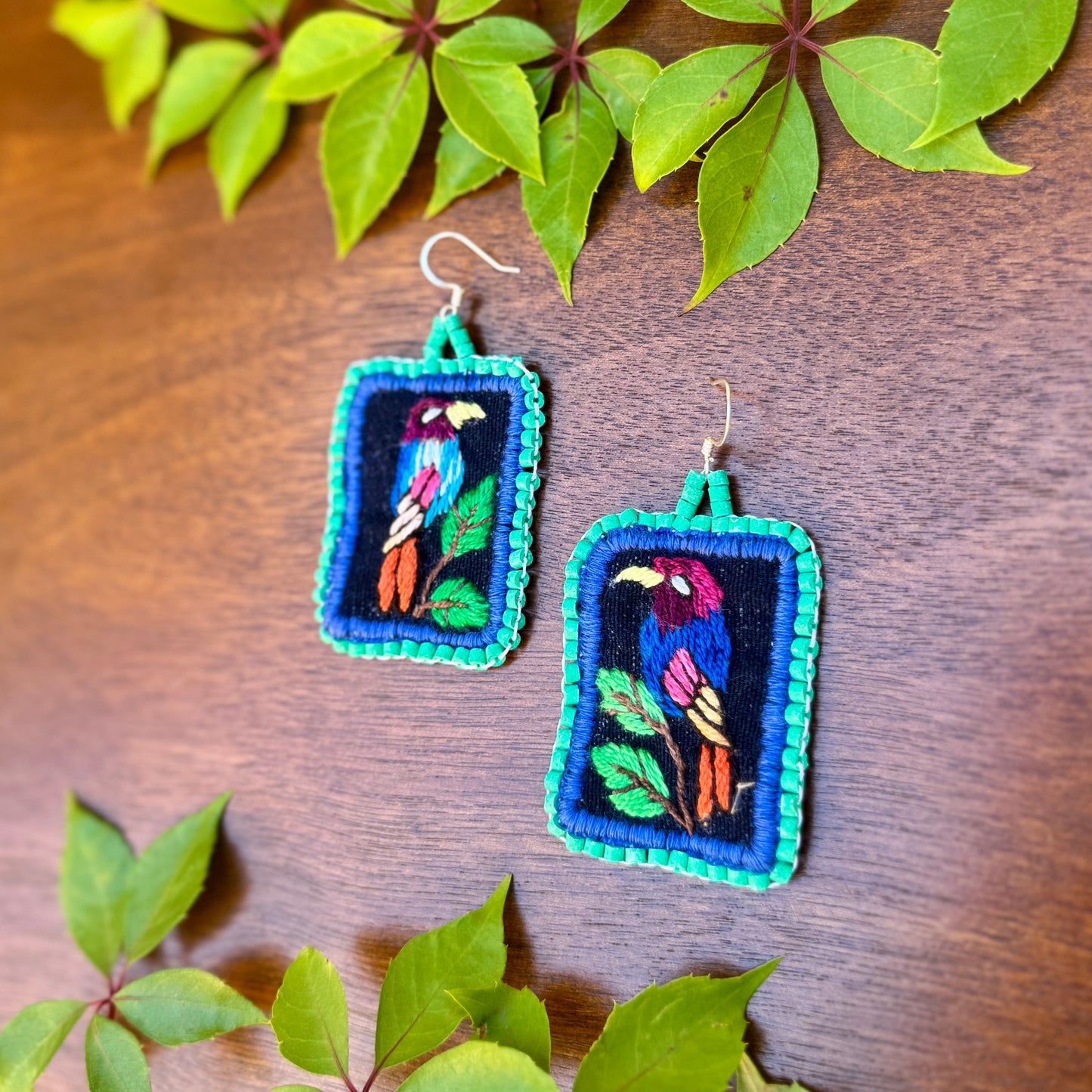 Artisan Guatemalan Embroidered Motmot Bird Earrings with Ceramic Clay Beads and Silver Hooks, turquoise