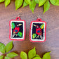 Artisan Guatemalan Embroidered Tanager Bird Earrings with Ceramic Clay Beads and Silver Hooks, ruby red