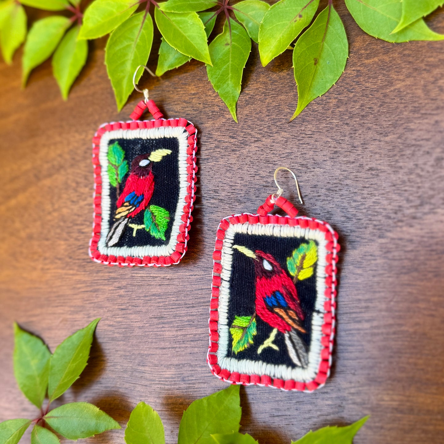 Artisan Guatemalan Embroidered Tanager Bird Earrings with Ceramic Clay Beads and Silver Hooks, ruby red