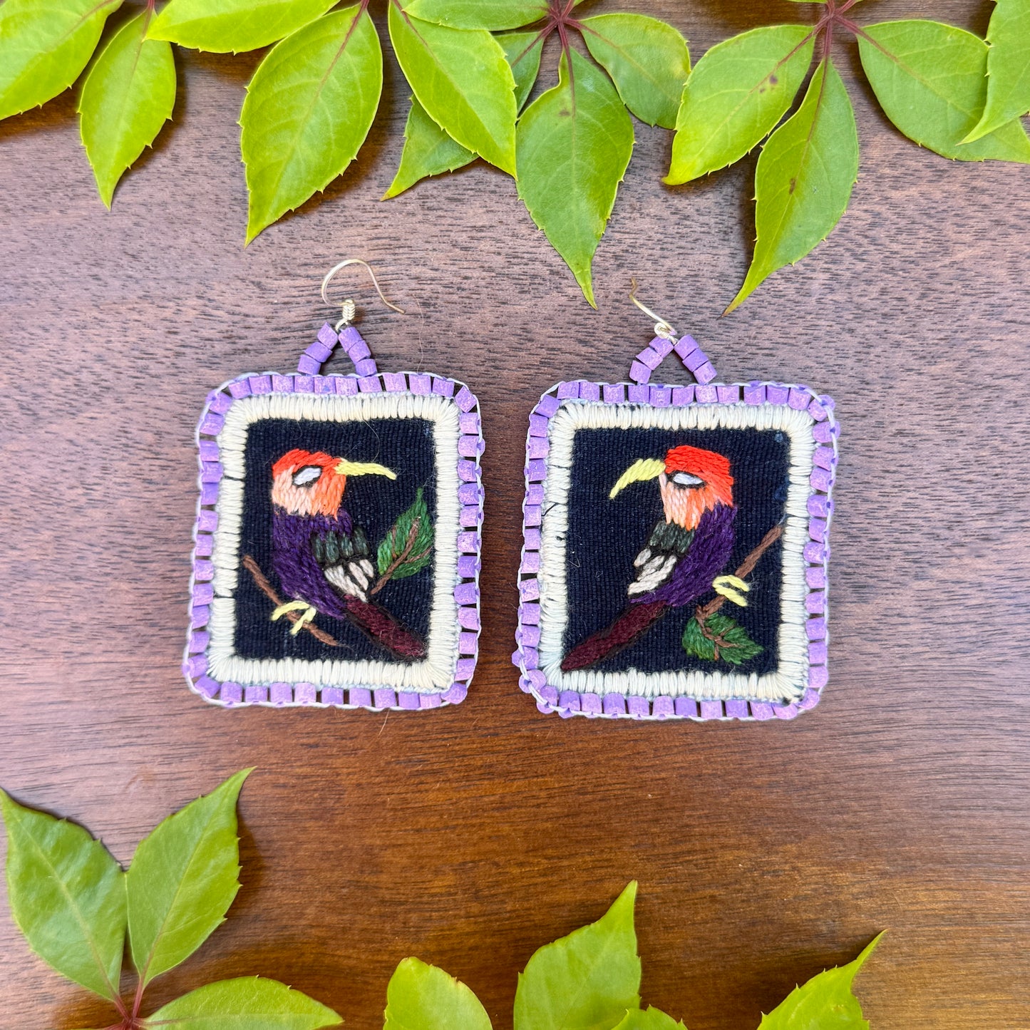 Artisan Guatemalan Embroidered Toucan Inspired Bird Earrings with Ceramic Clay Beads and Silver Hooks, light purple