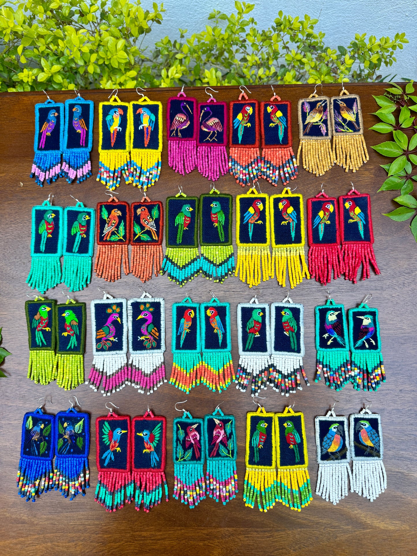 Handmade Guatemalan Embroidered Wren Inspired Bird Earrings with Clay Bead Fringes and Silver Hooks, light mustard