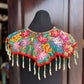 Textile Cape with Beaded Body Chains - "Huipil Capa", Vibrant Flora, Small