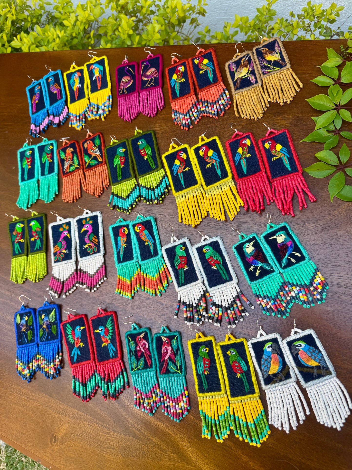 Handmade Guatemalan Embroidered Blue Bird Earrings with Clay Bead Fringes and Silver Hooks, white
