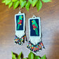 Handmade Guatemalan Embroidered Quetzal Earrings with Clay Bead Fringes and Silver Hooks, white multicolor