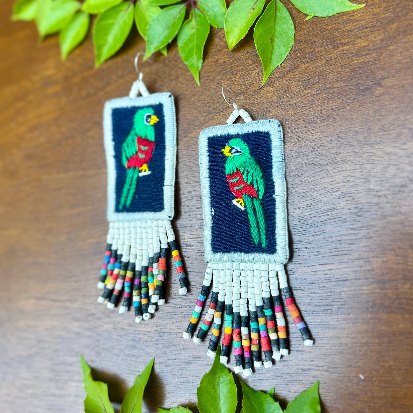 Handmade Guatemalan Embroidered Quetzal Earrings with Clay Bead Fringes and Silver Hooks, white multicolor