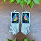 Handmade Guatemalan Embroidered Blue Bird Earrings with Clay Bead Fringes and Silver Hooks, white