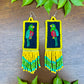 Handmade Guatemalan Embroidered Quetzal Bird Earrings with Clay Bead Fringes and Silver Hooks, yellow green