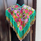 Textile Poncho with Beaded Fringes and Jade - "Poncho Cleopatra", Turquoise