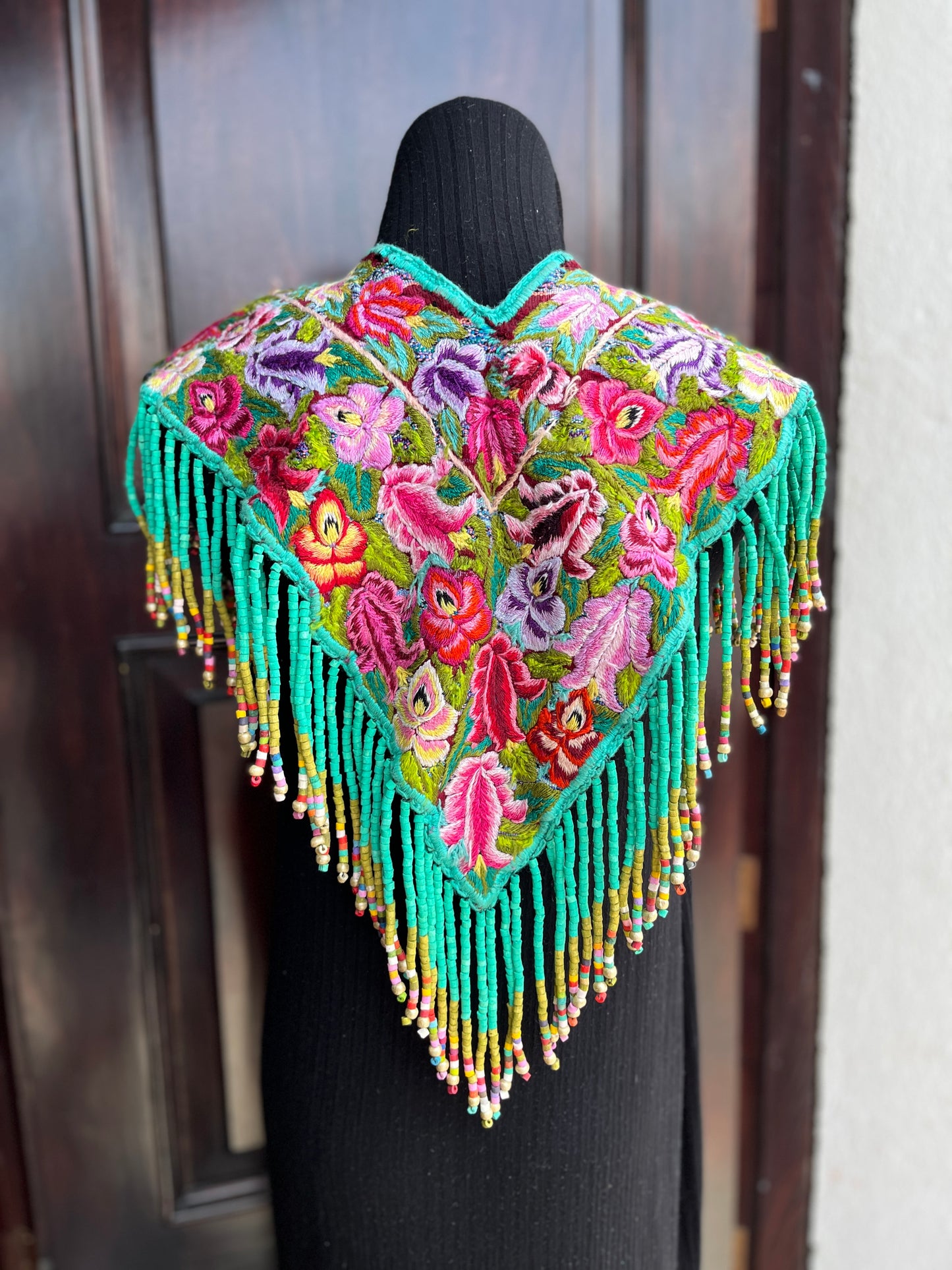 Textile Poncho with Beaded Fringes and Jade - "Poncho Cleopatra", Turquoise