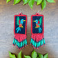 Handmade Guatemalan Embroidered Hummingbird Earrings with Clay Bead Fringes and Silver Hooks, red light blue