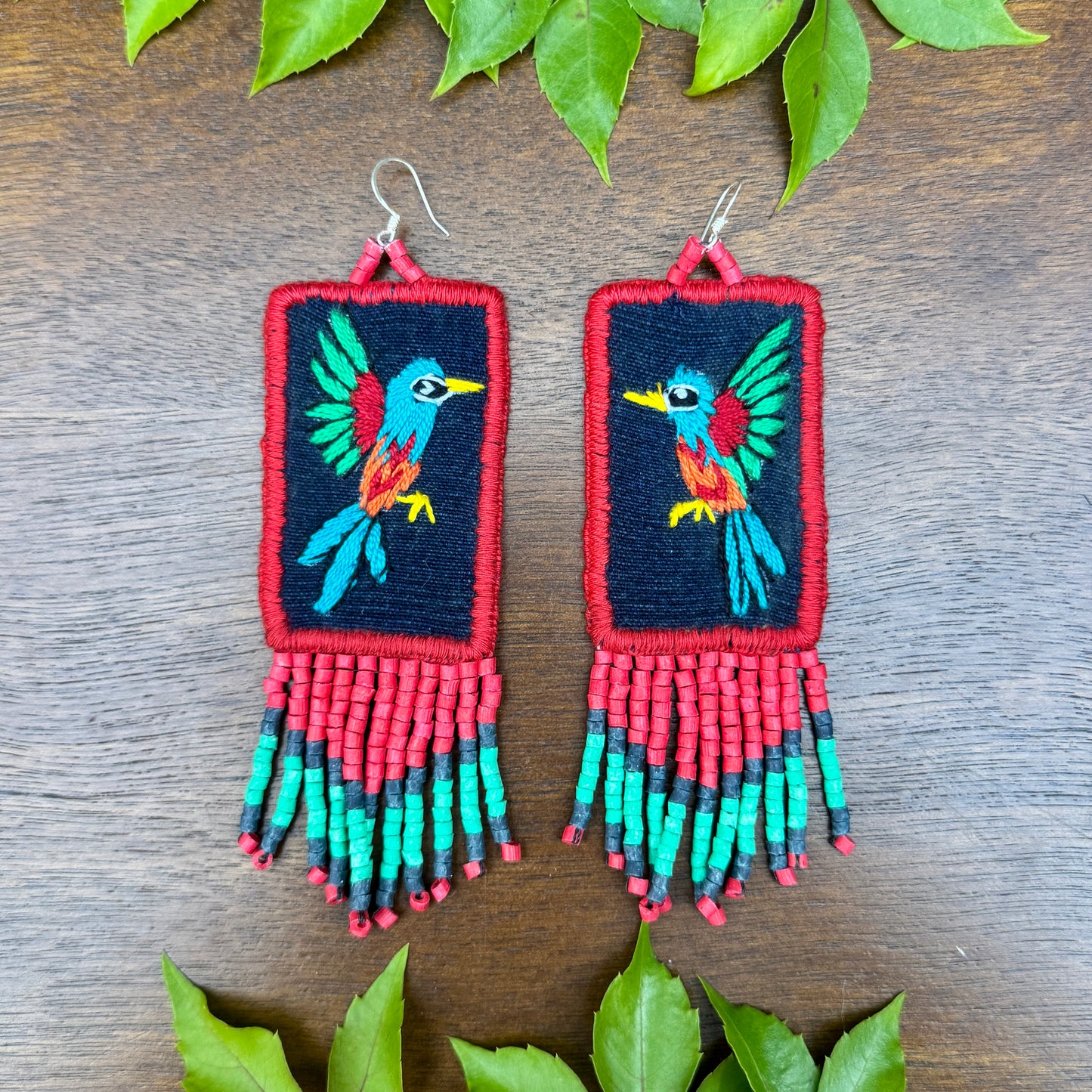 Handmade Guatemalan Embroidered Hummingbird Earrings with Clay Bead Fringes and Silver Hooks, red light blue