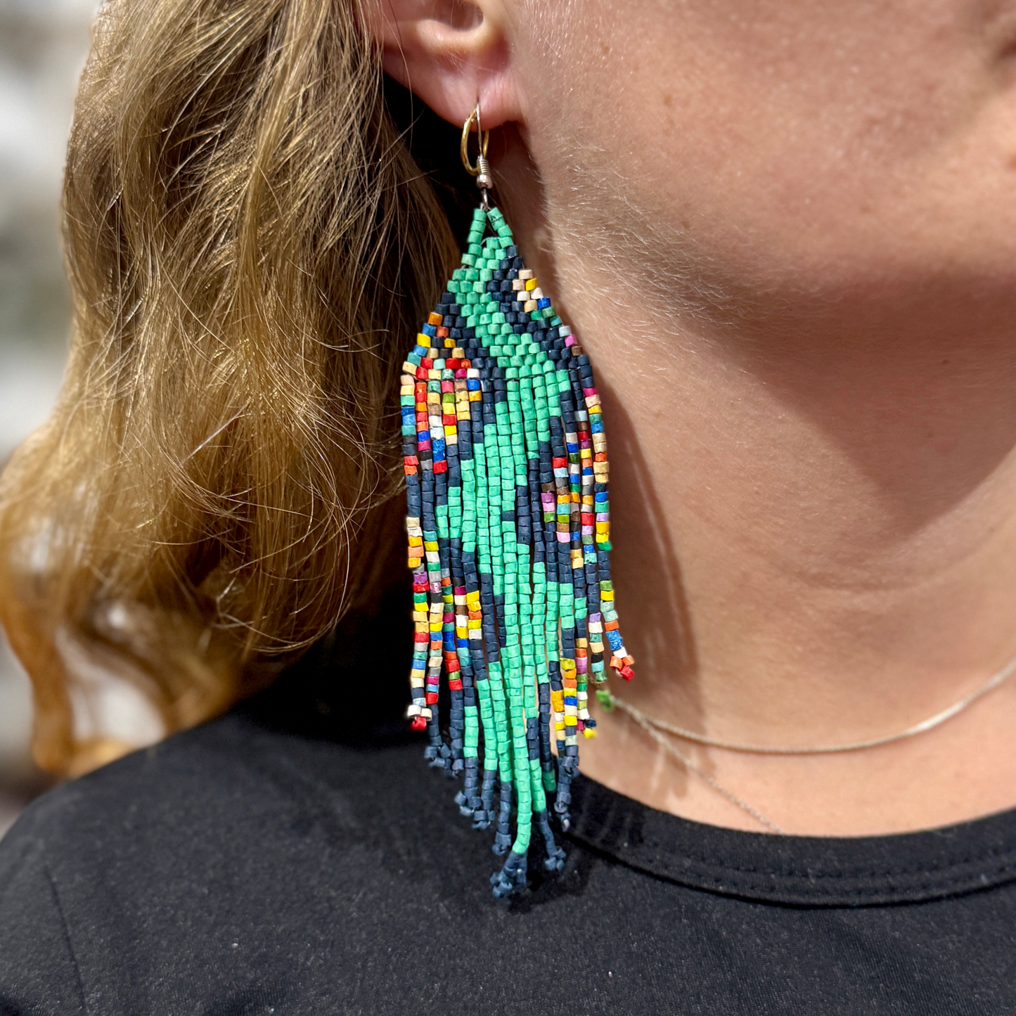Beaded Fringe Earrings in Boho Zig Zag Design