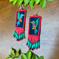Handmade Guatemalan Embroidered Hummingbird Earrings with Clay Bead Fringes and Silver Hooks, red light blue