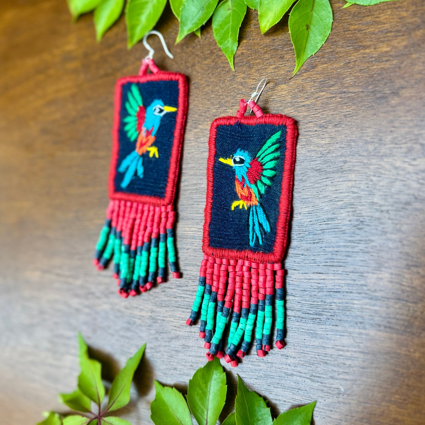 Handmade Guatemalan Embroidered Hummingbird Earrings with Clay Bead Fringes and Silver Hooks, red light blue