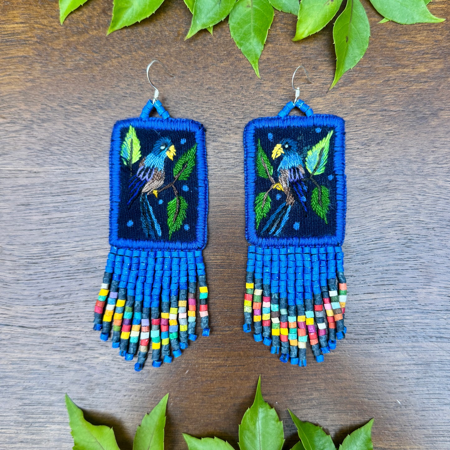 Handmade Guatemalan Embroidered Hummingbird Earrings with Clay Bead Fringes and Silver Hooks, royal blue