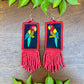 Handmade Guatemalan Embroidered Guacamaya Bird Inspired Earrings with Clay Bead Fringes and Silver Hooks, red