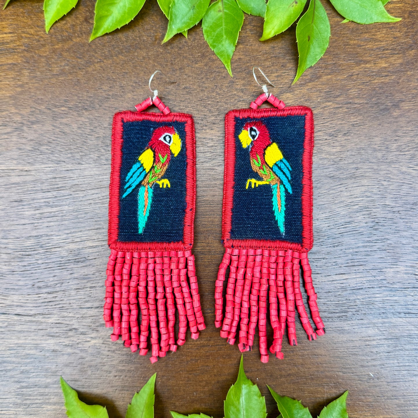 Handmade Guatemalan Embroidered Guacamaya Bird Inspired Earrings with Clay Bead Fringes and Silver Hooks, red