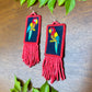 Handmade Guatemalan Embroidered Guacamaya Bird Inspired Earrings with Clay Bead Fringes and Silver Hooks, red