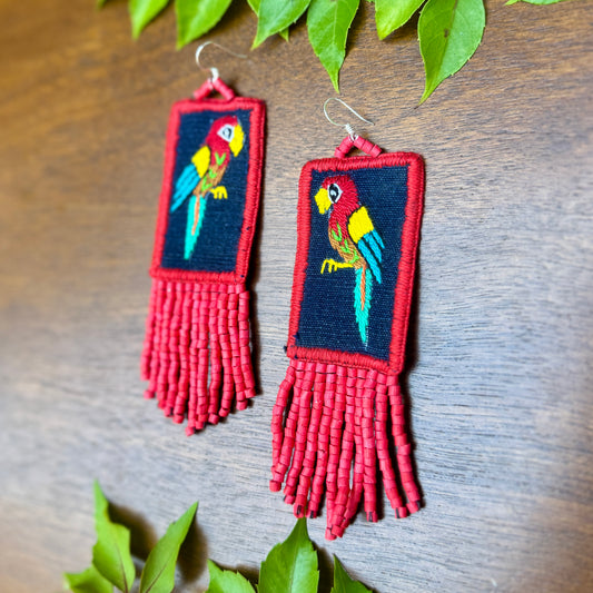 Handmade Guatemalan Embroidered Guacamaya Bird Inspired Earrings with Clay Bead Fringes and Silver Hooks, red