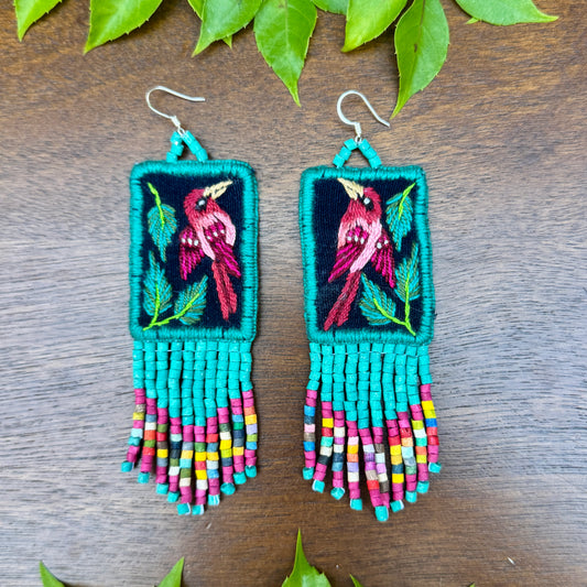 Handmade Guatemalan Embroidered Quetzal Inspired Earrings with Clay Bead Fringes and Silver Hooks, celeste pink multicolor