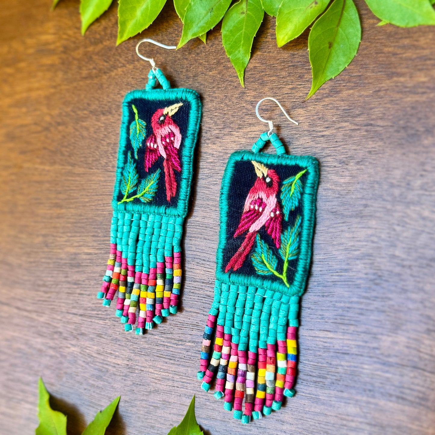 Handmade Guatemalan Embroidered Quetzal Inspired Earrings with Clay Bead Fringes and Silver Hooks, celeste pink multicolor