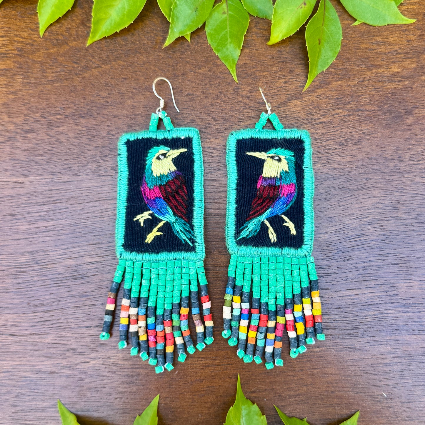 Handmade Guatemalan Embroidered Jay Inspired Bird Earrings with Clay Bead Fringes and Silver Hooks, turquoise multicolor