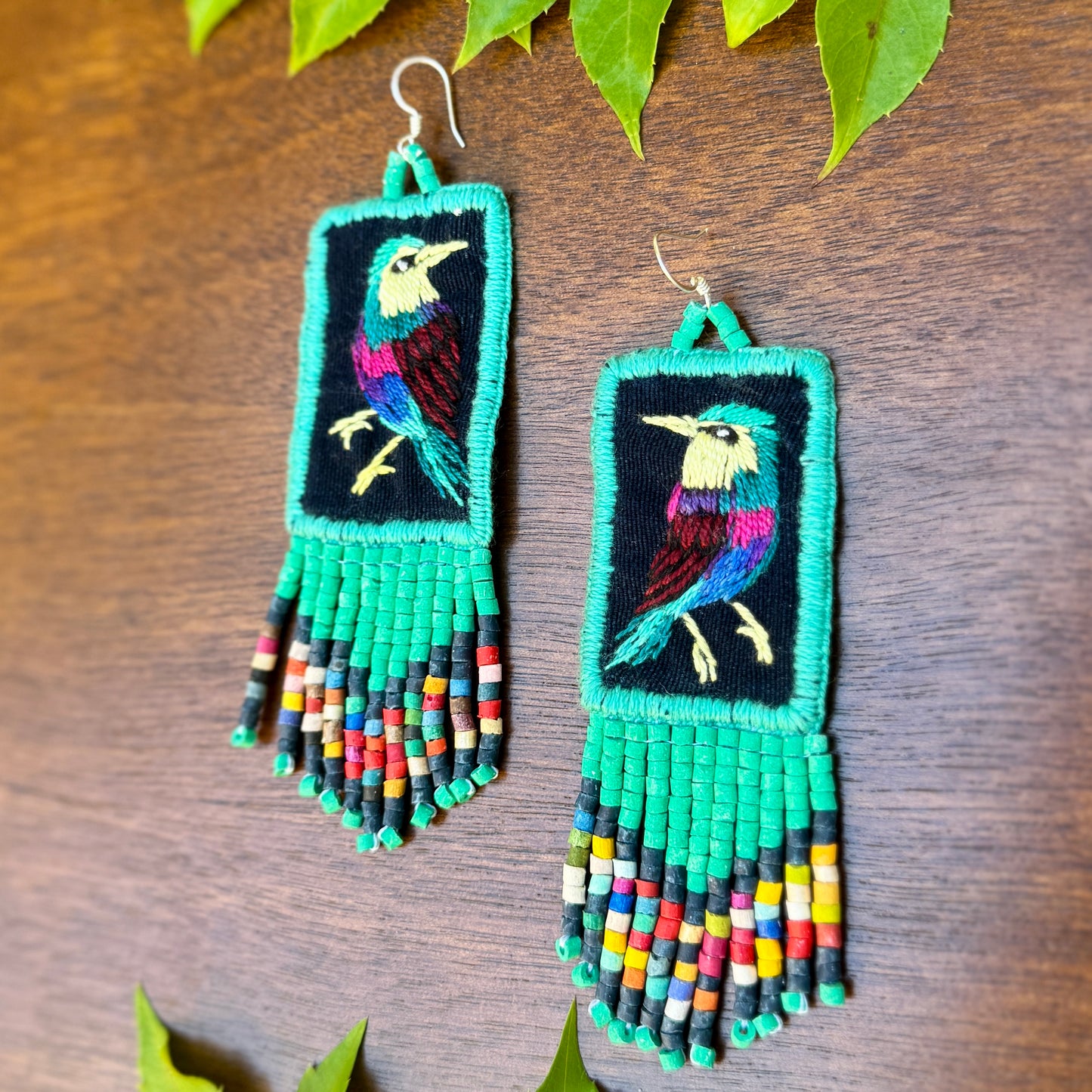 Handmade Guatemalan Embroidered Jay Inspired Bird Earrings with Clay Bead Fringes and Silver Hooks, turquoise multicolor