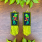 Handmade Guatemalan Embroidered Quetzal Bird Earrings with Clay Bead Fringes and Silver Hooks, green