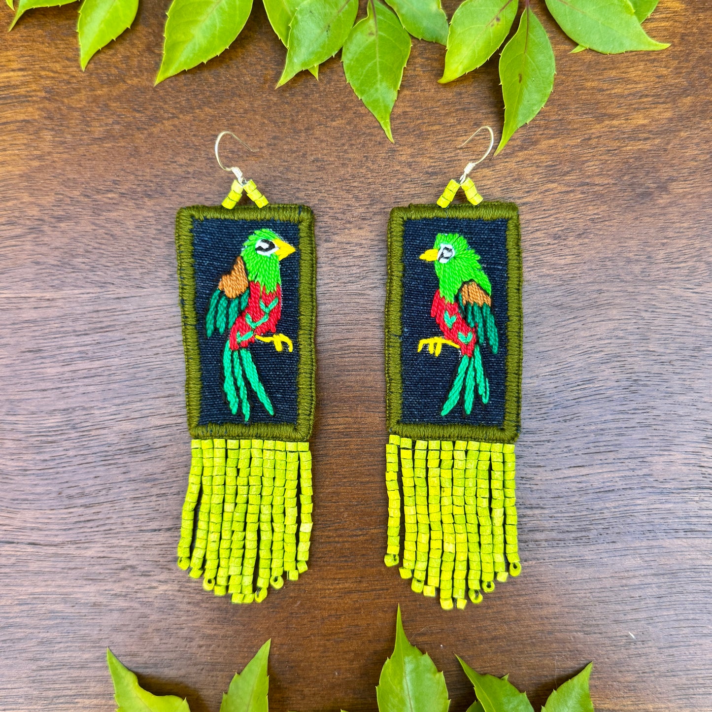 Handmade Guatemalan Embroidered Quetzal Bird Earrings with Clay Bead Fringes and Silver Hooks, green