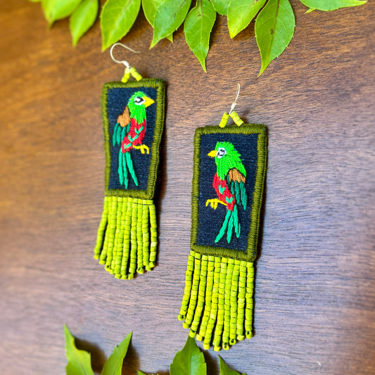 Handmade Guatemalan Embroidered Quetzal Bird Earrings with Clay Bead Fringes and Silver Hooks, green