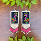 Handmade Guatemalan Embroidered Tropical Bird Earrings with Clay Bead Fringes and Silver Hooks, white pink