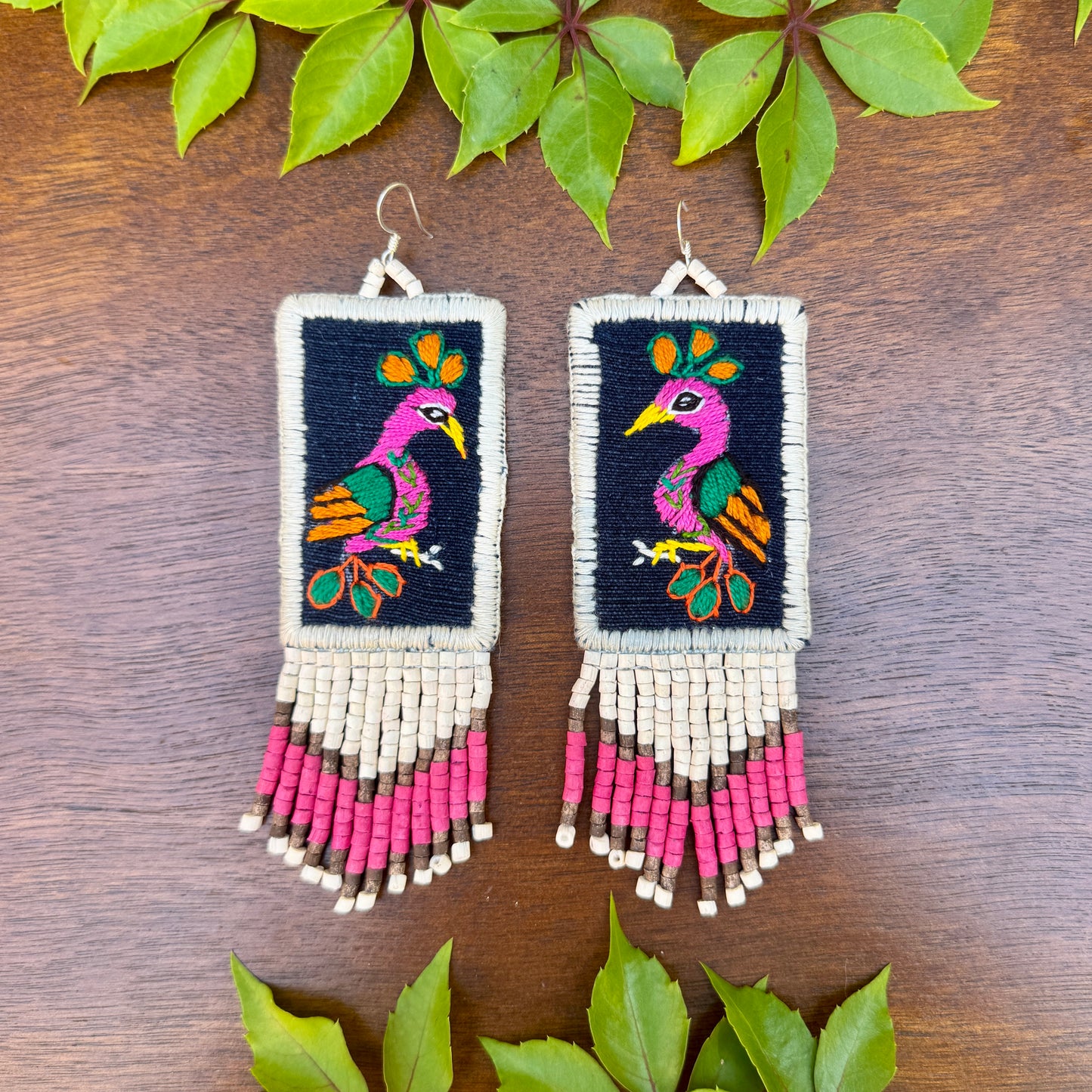 Handmade Guatemalan Embroidered Tropical Bird Earrings with Clay Bead Fringes and Silver Hooks, white pink