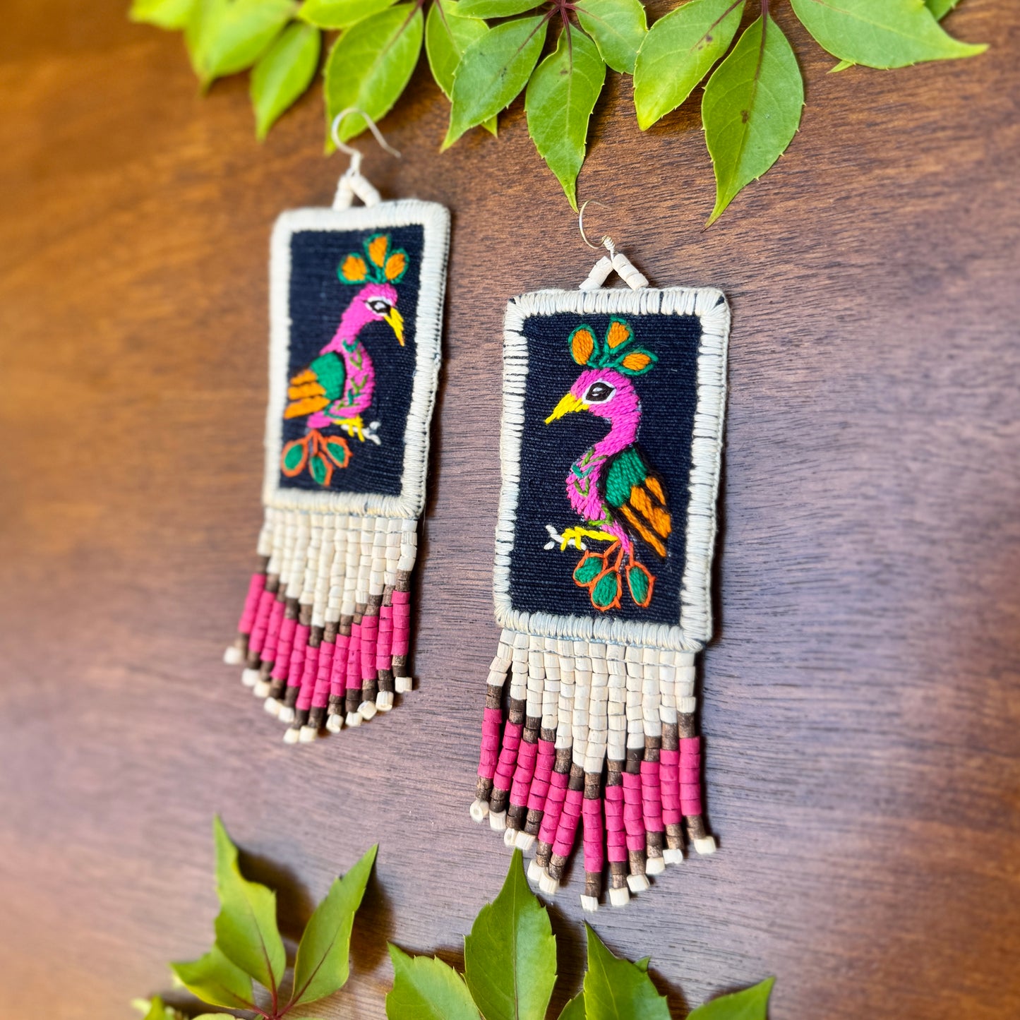 Handmade Guatemalan Embroidered Tropical Bird Earrings with Clay Bead Fringes and Silver Hooks, white pink