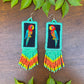 Handmade Guatemalan Embroidered Macaw Bird Earrings with Clay Bead Fringes and Silver Hooks, turquoise orange
