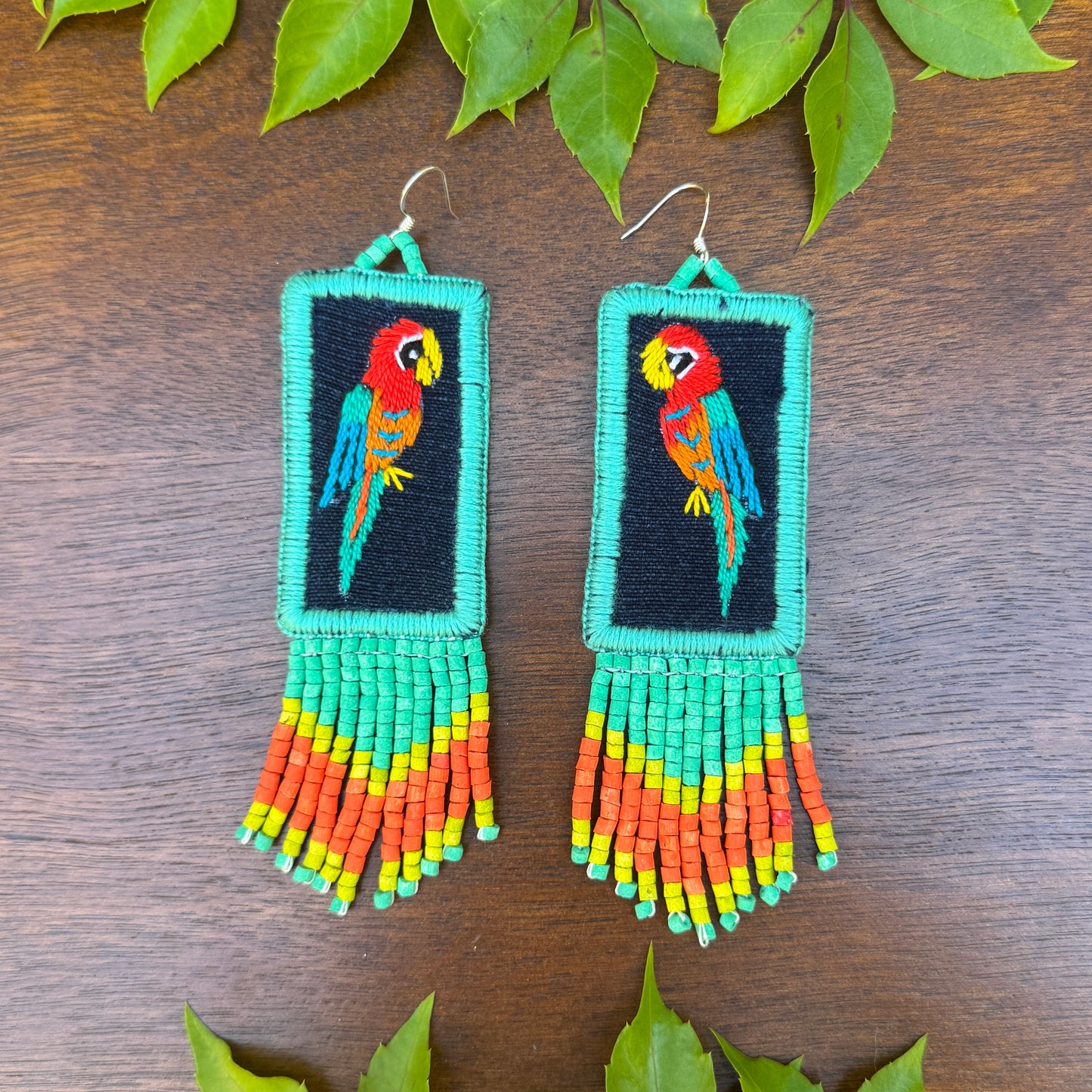 Handmade Guatemalan Embroidered Macaw Bird Earrings with Clay Bead Fringes and Silver Hooks, turquoise orange