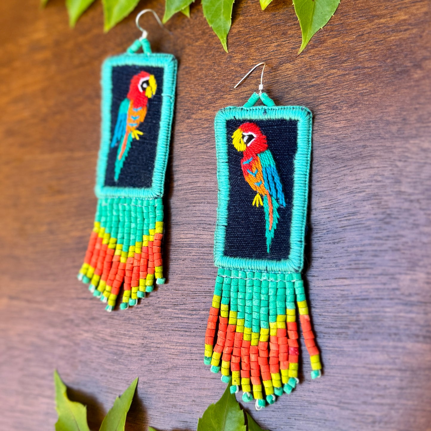 Handmade Guatemalan Embroidered Macaw Bird Earrings with Clay Bead Fringes and Silver Hooks, turquoise orange