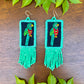 Handmade Guatemalan Embroidered Quetzal Earrings with Clay Bead Fringes and Silver Hooks, turquoise