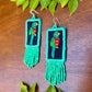 Handmade Guatemalan Embroidered Quetzal Earrings with Clay Bead Fringes and Silver Hooks, turquoise