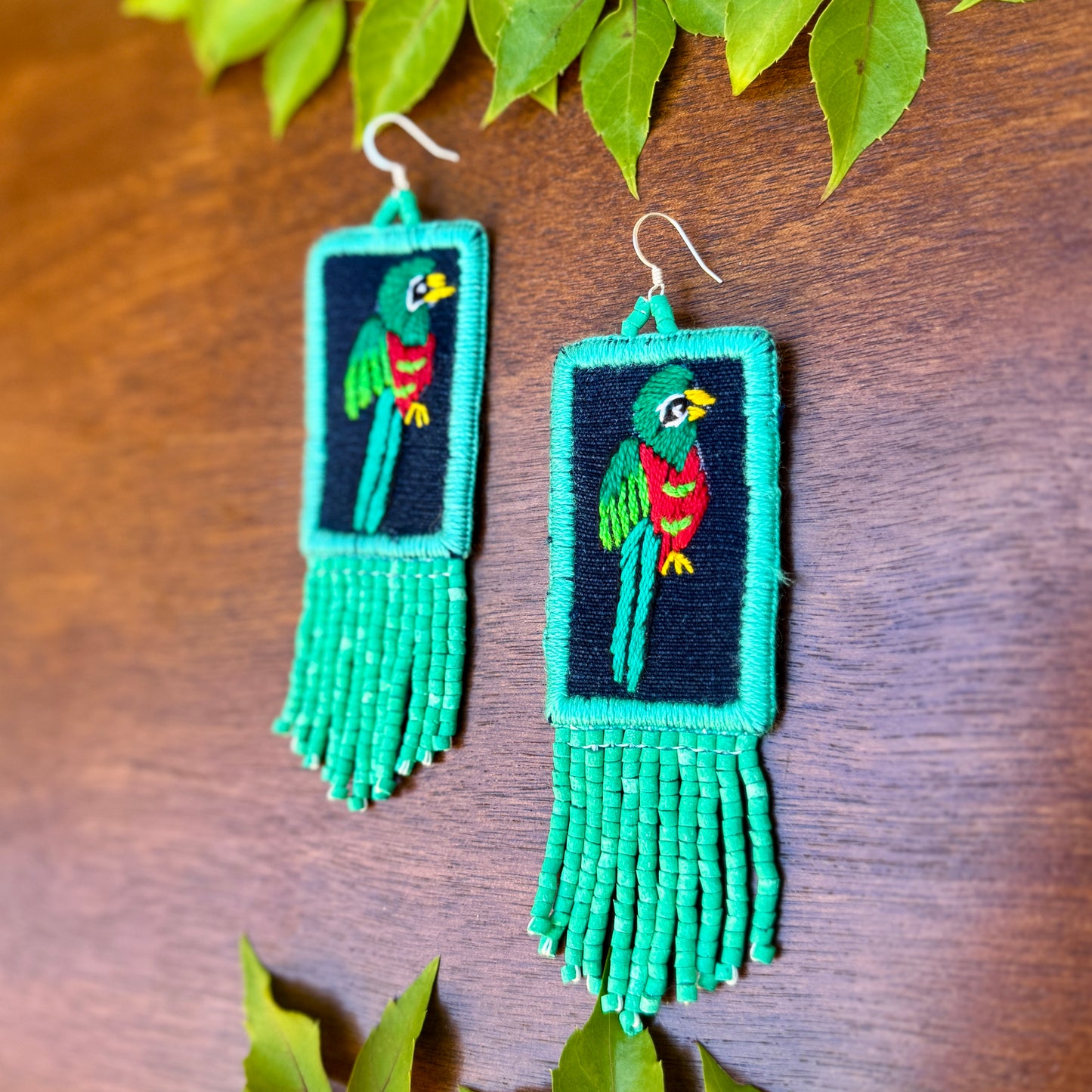 Handmade Guatemalan Embroidered Quetzal Earrings with Clay Bead Fringes and Silver Hooks, turquoise