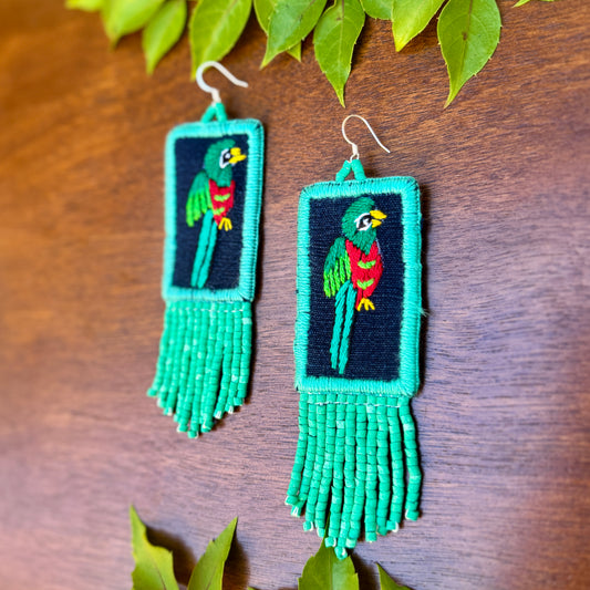 Handmade Guatemalan Embroidered Quetzal Earrings with Clay Bead Fringes and Silver Hooks, turquoise