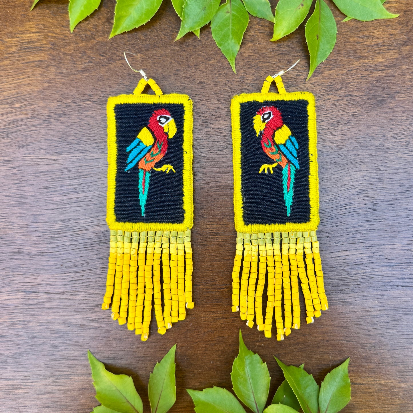 Handmade Guatemalan Embroidered Guacamaya Bird Inspired Earrings with Clay Bead Fringes and Silver Hooks, yellow