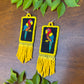 Handmade Guatemalan Embroidered Guacamaya Bird Inspired Earrings with Clay Bead Fringes and Silver Hooks, yellow