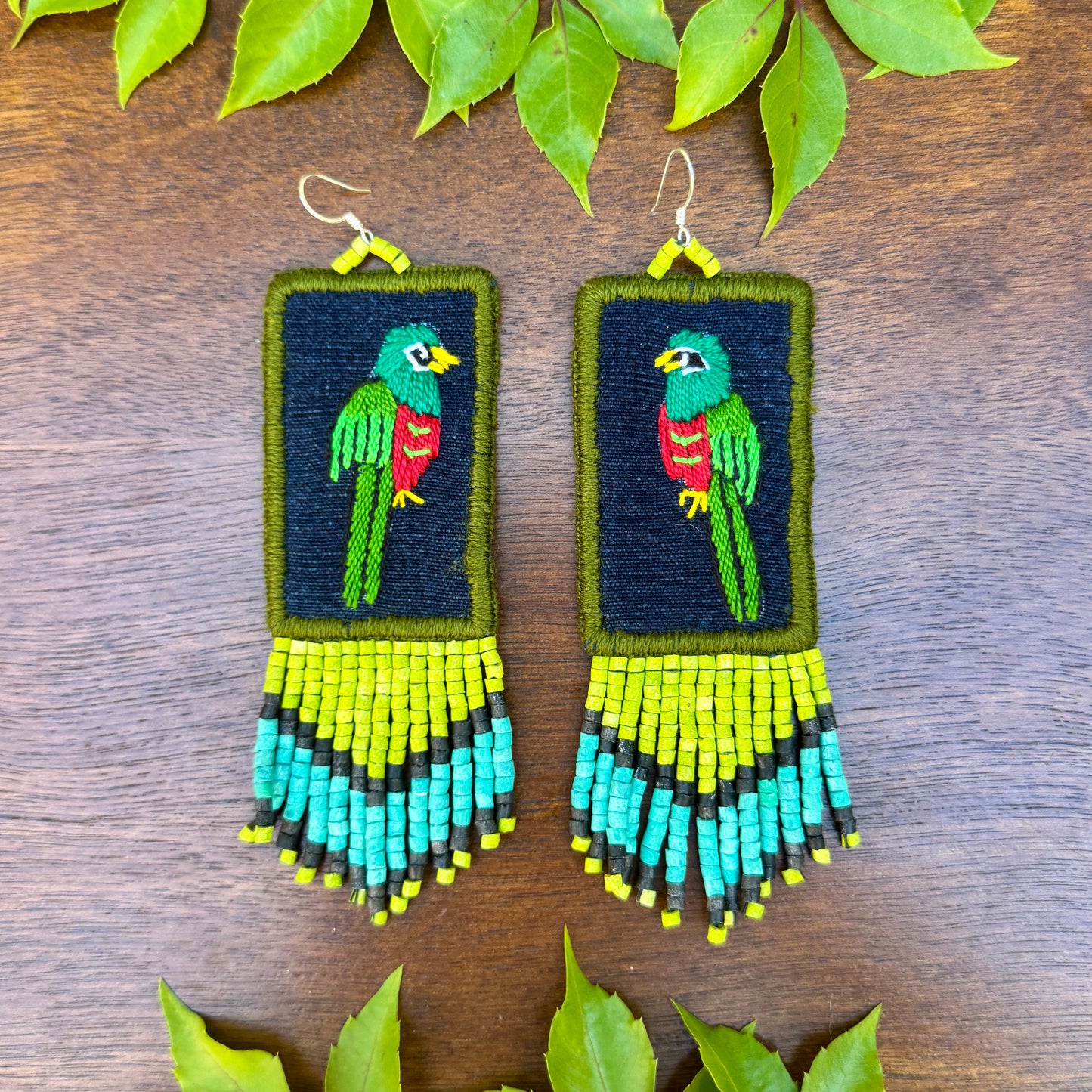 Handmade Guatemalan Embroidered Quetzal Earrings with Clay Bead Fringes and Silver Hooks, green celeste