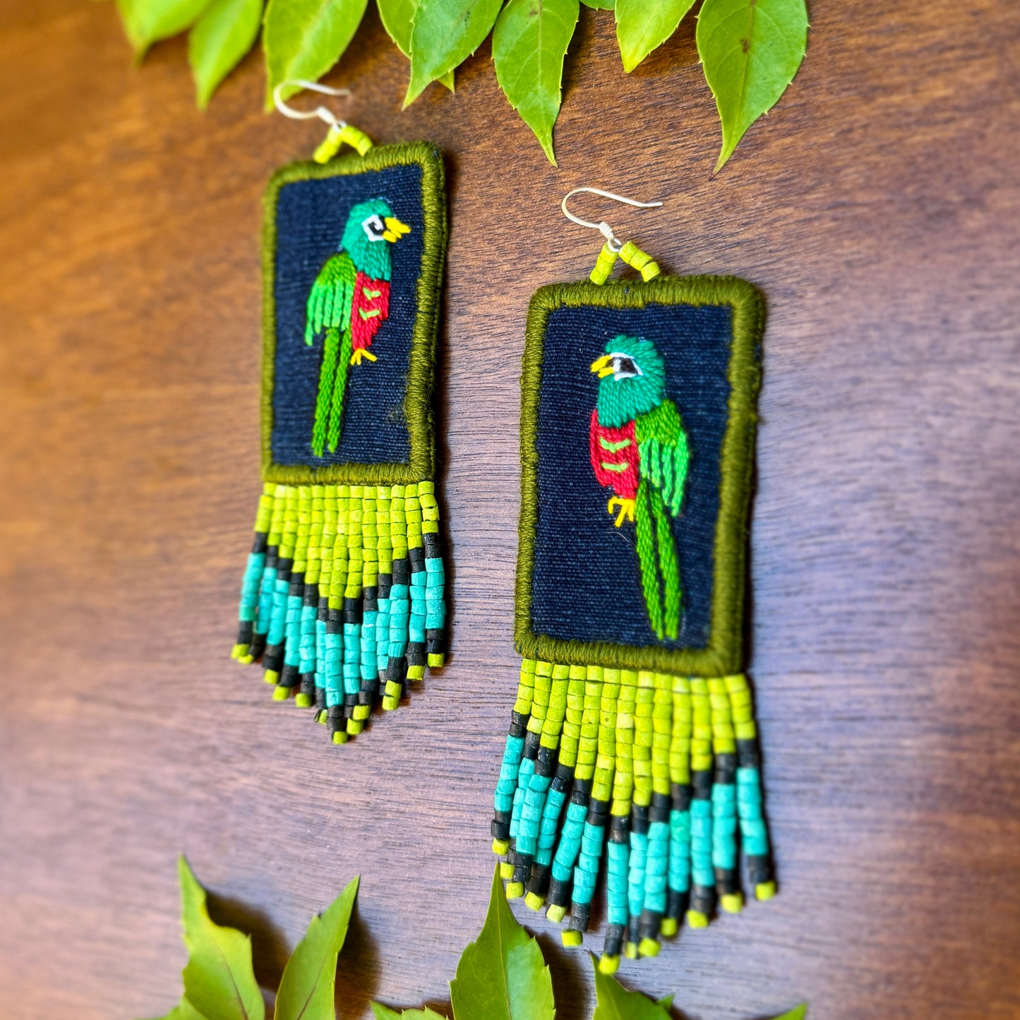 Handmade Guatemalan Embroidered Quetzal Earrings with Clay Bead Fringes and Silver Hooks, green celeste